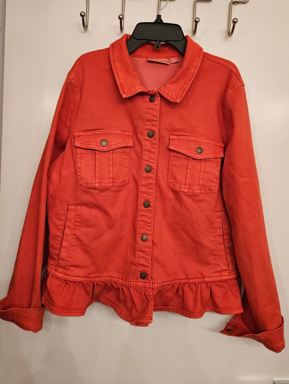 Belle Boho Kim Gravel Ruffle Hem Denim Jacket Medium Coral Pink Orange Stretch